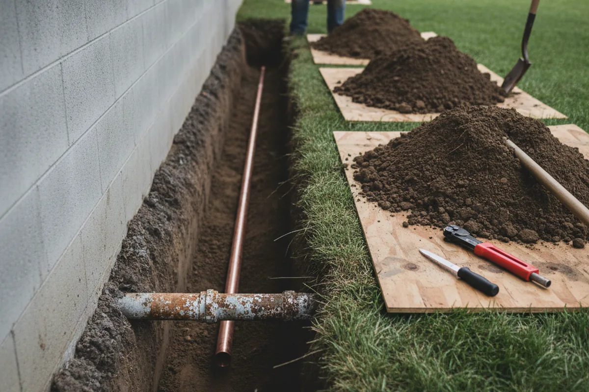 Excavated water line trench during Water Softener Installation in Hartsville